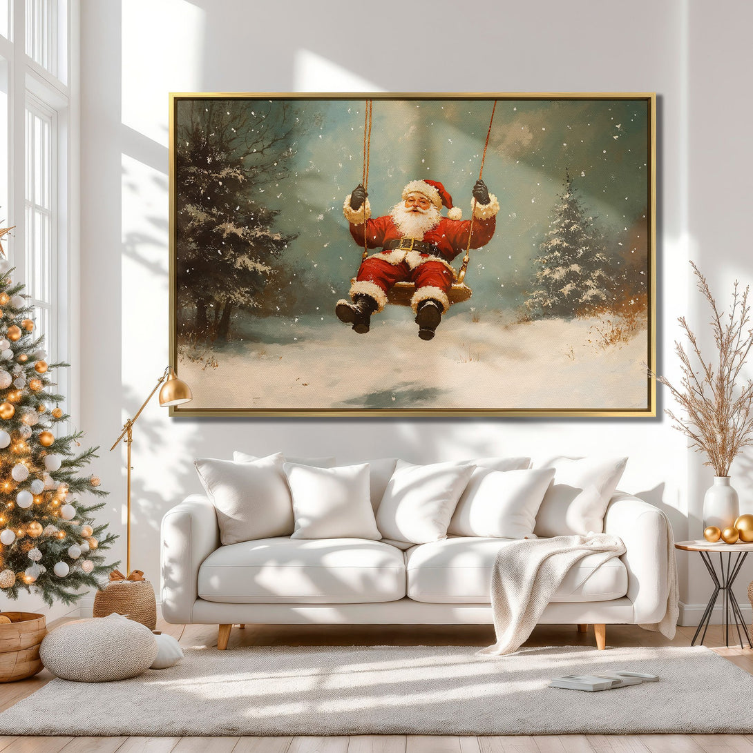 Canvas Print of Santa Claus on a swing in a winter scene, warm neutral tones, perfect Christmas decor.