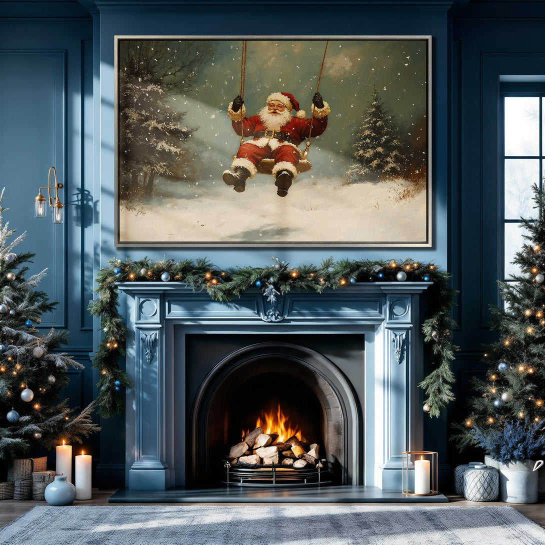 Framed Wall Art featuring Santa Claus on a swing in a snowy scene. Cozy Christmas decor with a blue and red color palette. Perfect for holiday home styling.