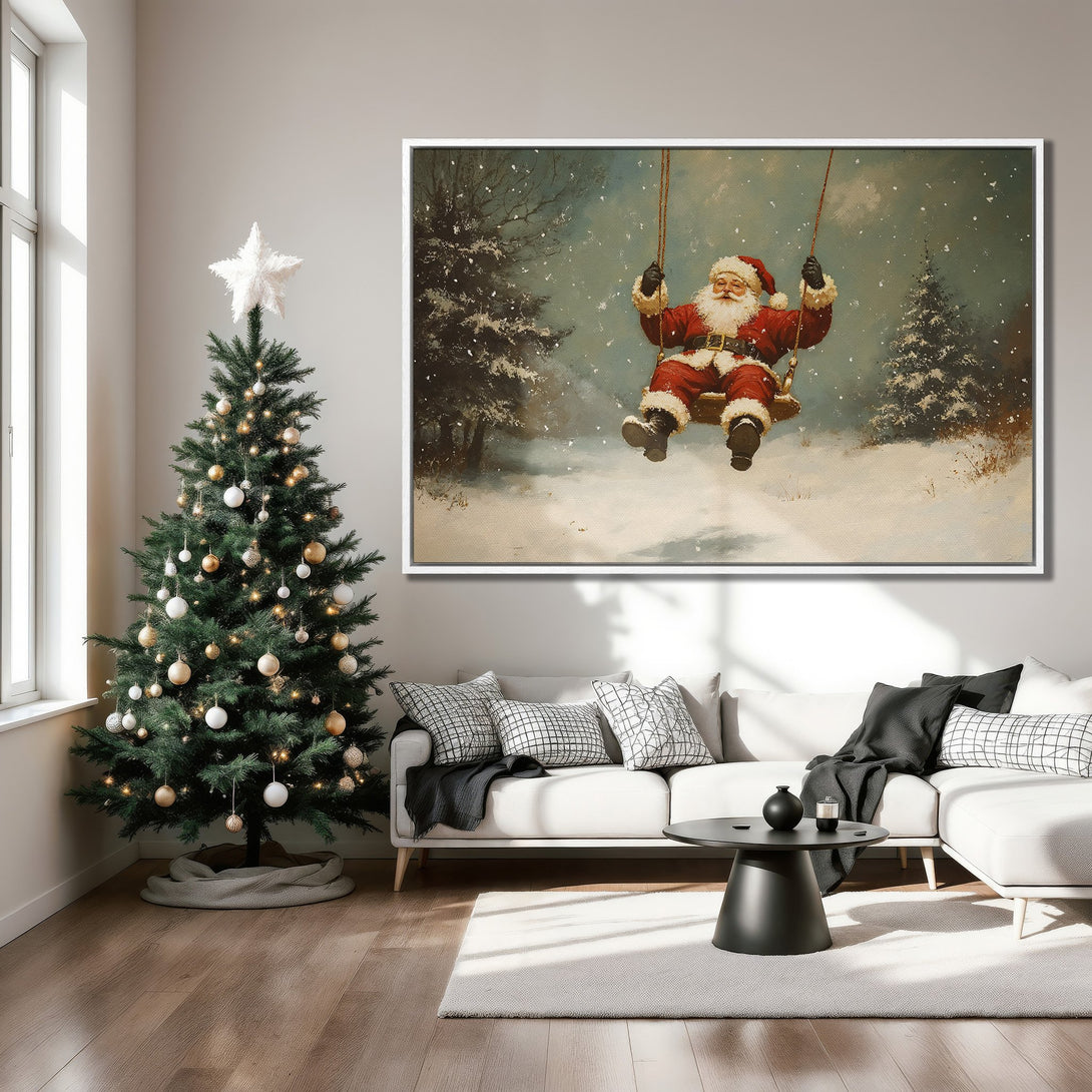 Framed Wall Art featuring Santa Claus on a swing in a winter landscape, classic painting style with red, white, and blue color palette. Perfect holiday decor.
