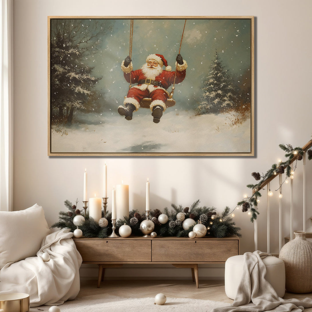 Framed Wall Art featuring Santa on a swing in a snowy scene. Vintage style, warm color palette, perfect for Christmas decor.