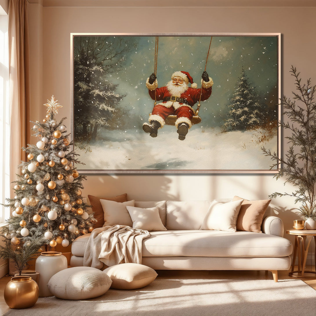 Framed Wall Art: Vintage Santa Claus on a swing in a snowy winter scene. Warm, inviting color palette perfect for Christmas decor.