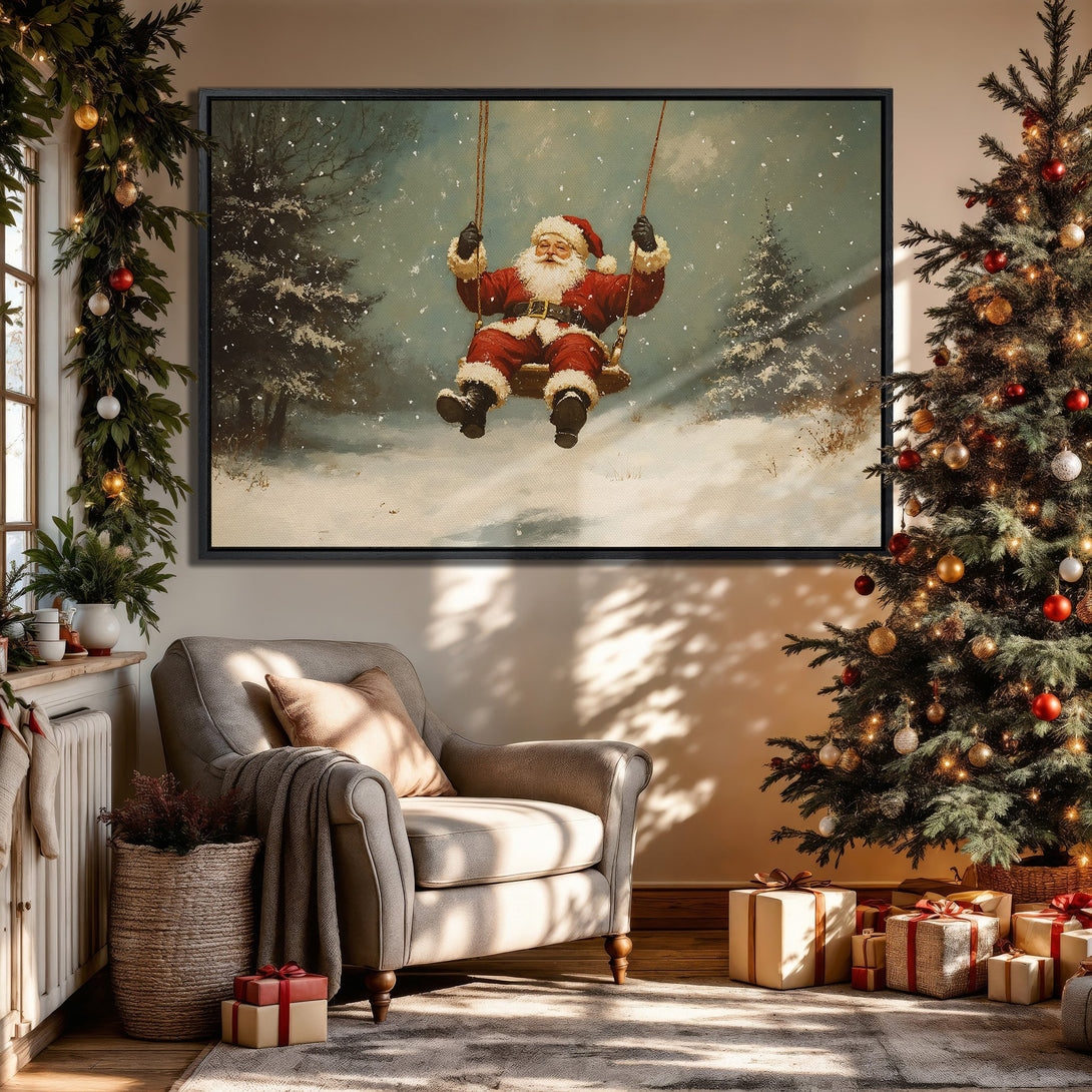 Framed Wall Art: Santa Claus on a swing in a snowy winter scene. Vintage style with a warm, inviting color palette. Perfect for holiday decor.