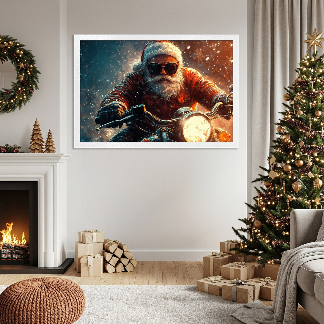 Framed Poster of Santa on a motorcycle, a cool, modern Christmas art print in a warm color palette. Perfect holiday decor!