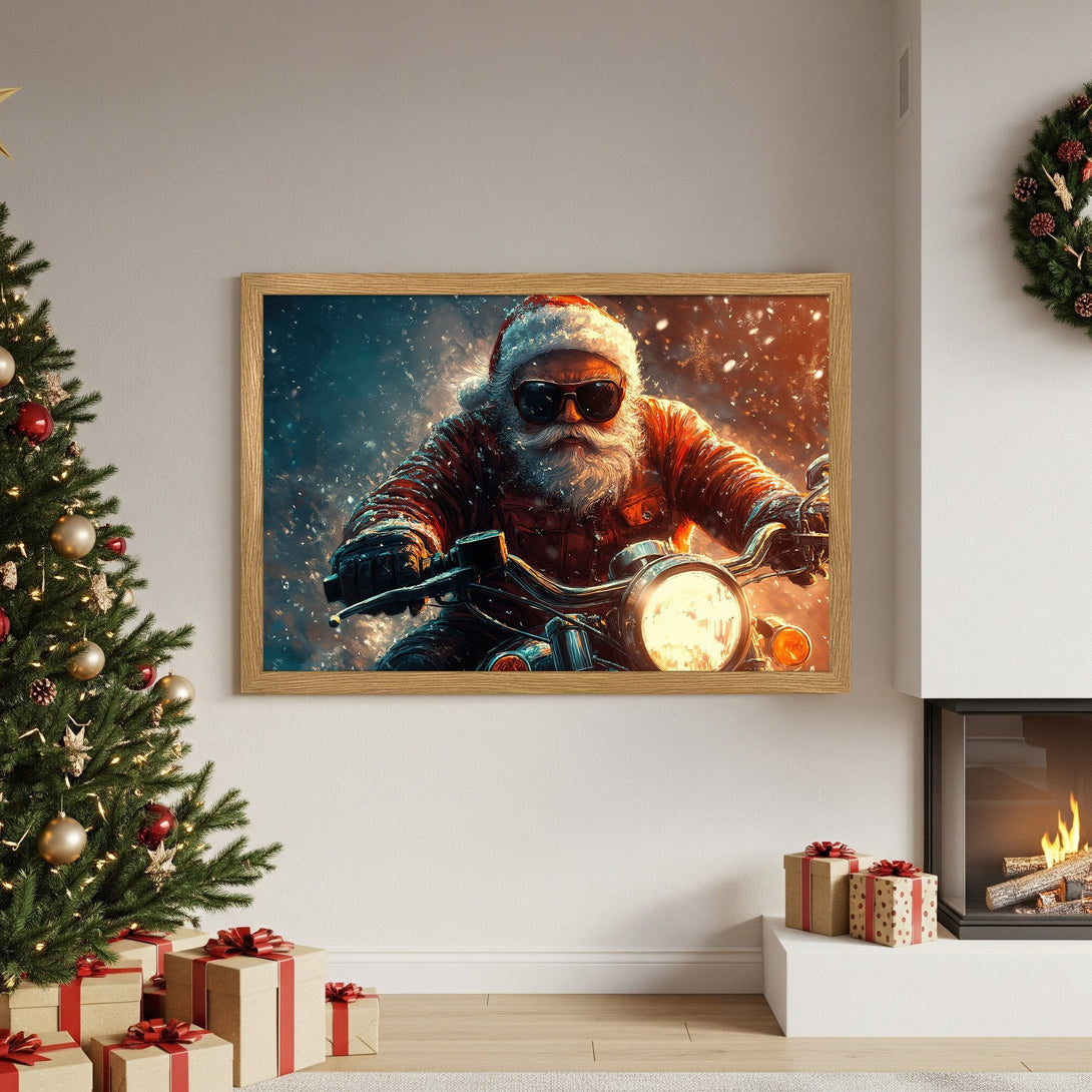 Framed Poster featuring Santa Claus on a motorcycle, vibrant colors, and a festive holiday style. Perfect Christmas decor!