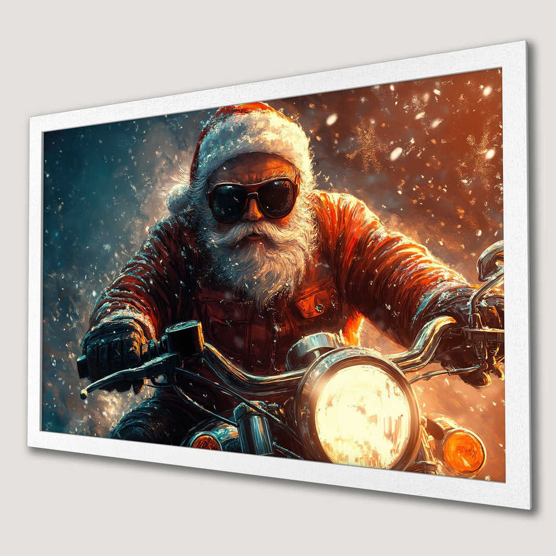 Framed Poster featuring Santa Claus on a motorcycle, artistic style with a warm red and orange color palette, perfect Christmas decor.