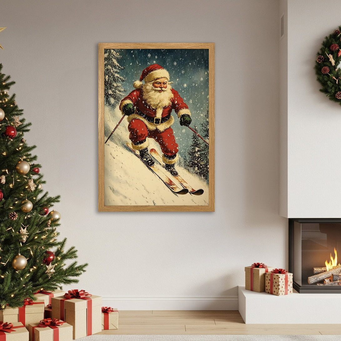 Framed Poster of Santa skiing, vintage style, red and blue color palette, perfect Christmas decor.