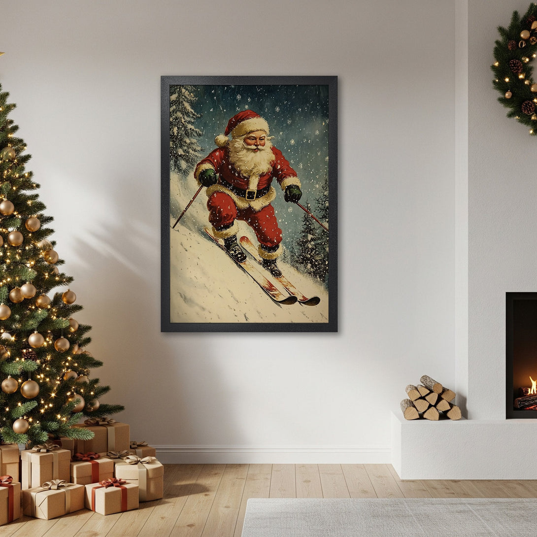 Framed Poster featuring Santa skiing in a vintage style with a red and blue color palette, perfect Christmas decor.