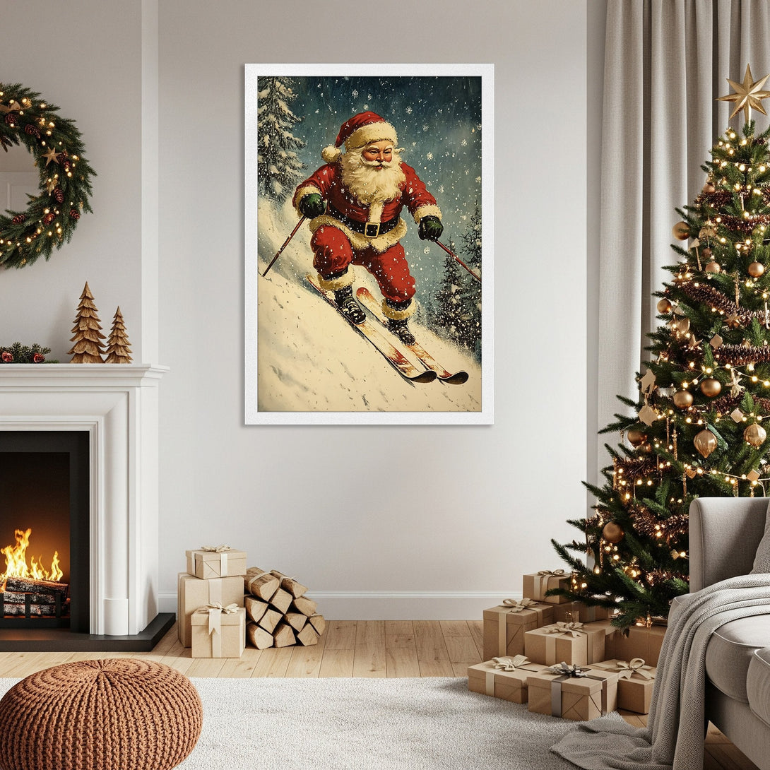 Framed Poster featuring Santa skiing in a vintage style, with a red and white color palette, perfect for holiday decor.