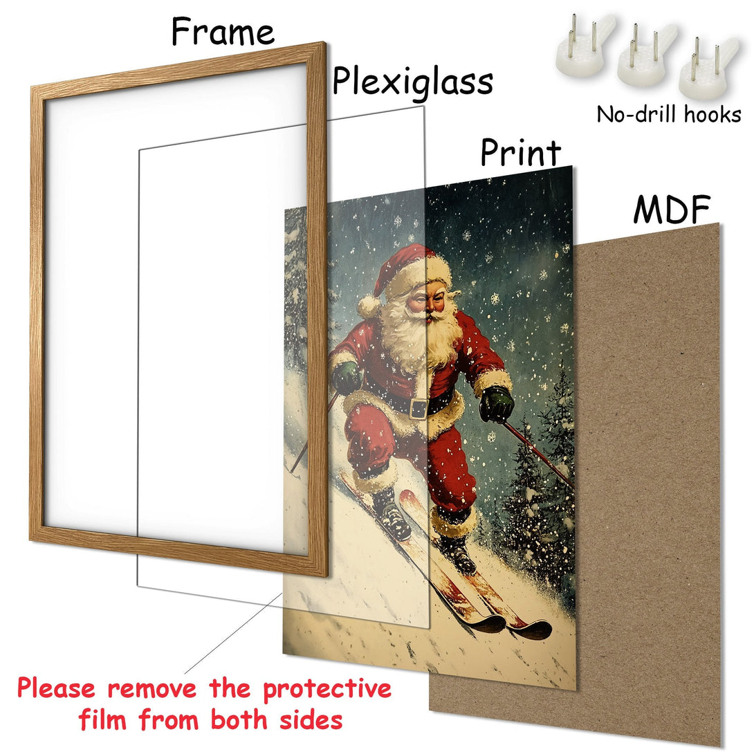 Framed Poster featuring Santa skiing in a vintage style, with a red, white, and green color palette. Perfect Christmas decor!