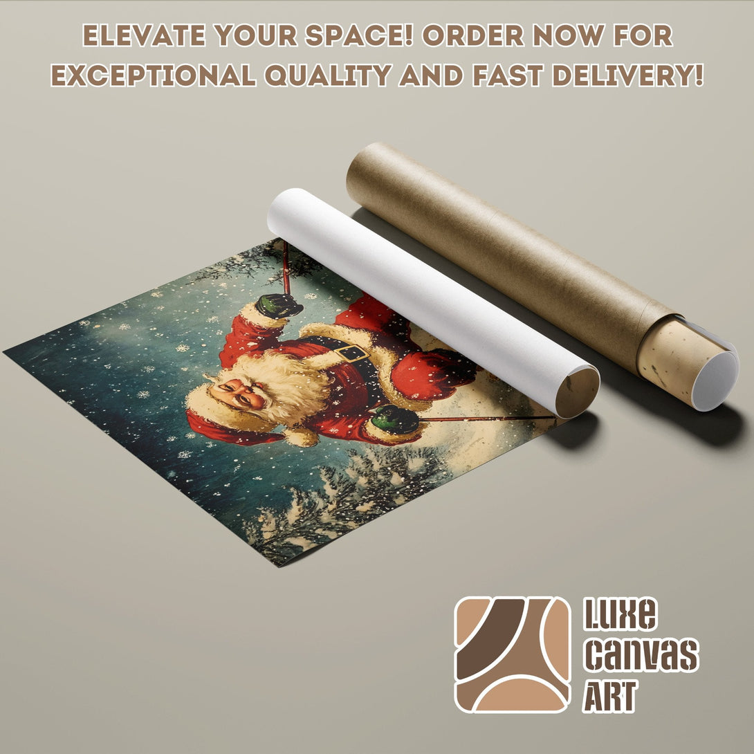 Vintage Santa Claus Poster Roll, winter scene, red & blue color palette. Order now!