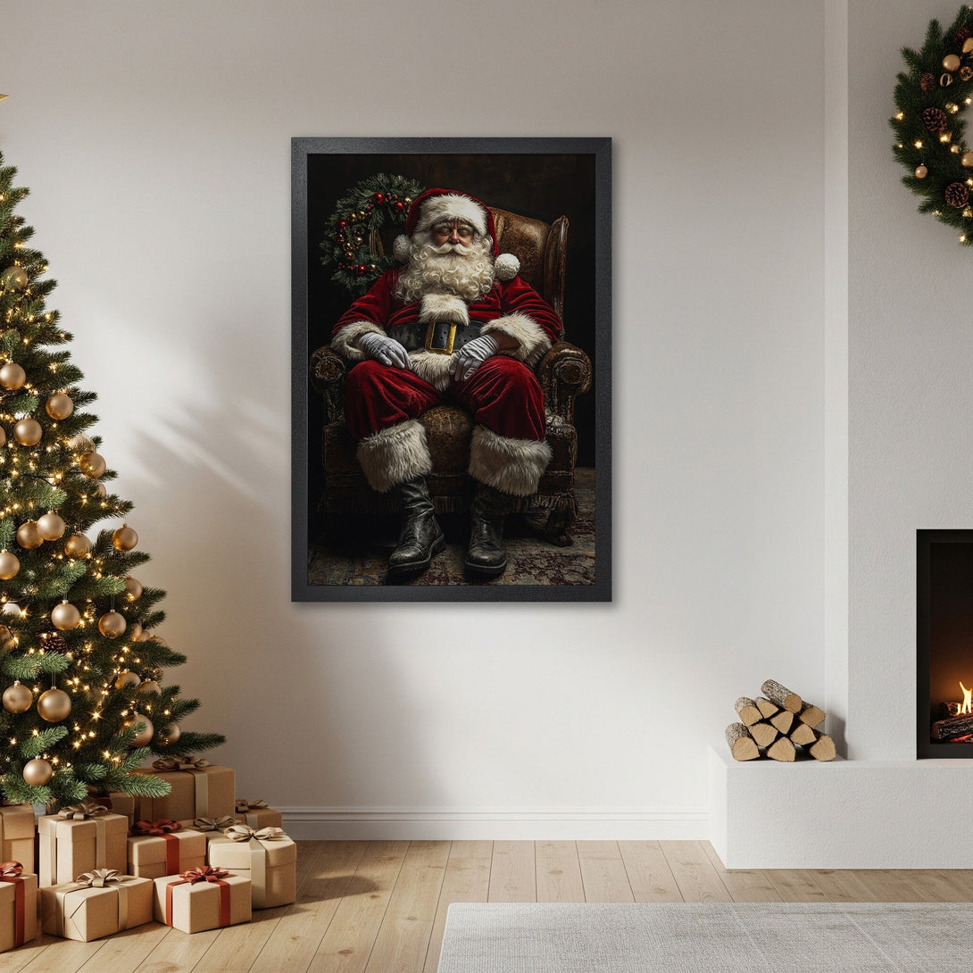 Framed Poster featuring Santa Claus in a classic style. Warm red, brown, and gold color palette. Perfect Christmas decor!