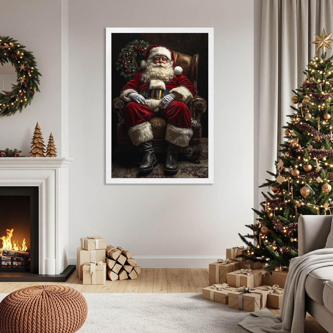 Framed Poster featuring Santa Claus in a warm, inviting Christmas scene. Rich reds and browns create a cozy holiday aesthetic. Perfect wall art!