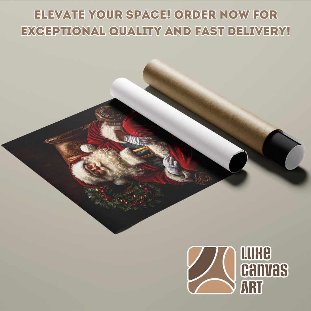 Santa Claus Poster Roll, vintage style, rich red and black color palette. Order now!