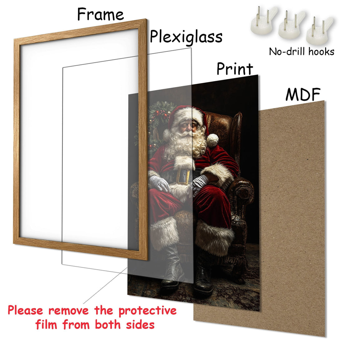 Framed Poster featuring Santa Claus in a classic style with a warm red and brown color palette, perfect for holiday decor.