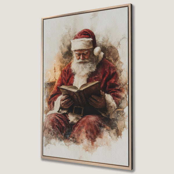 Framed Wall Art: Watercolor painting of Santa Claus reading, warm red and brown tones. Perfect Christmas decor for your home!