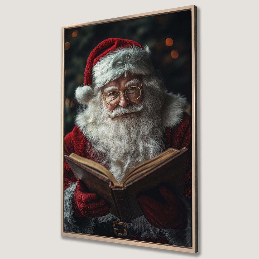 Framed Wall Art: Santa Claus reading a book. Festive holiday decor with rich red and gold tones. Perfect Christmas gift!