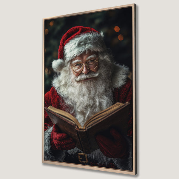 Framed Wall Art: Santa Claus reading a book. Festive holiday decor with rich red and gold tones. Perfect Christmas gift!