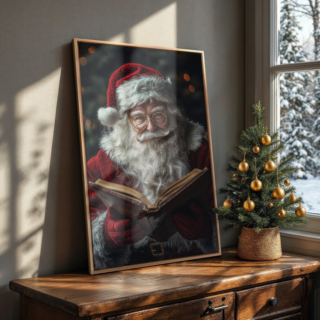 Framed Wall Art: Santa Claus reading a book. Festive red, white, and gold color palette. Perfect Christmas decor. Add holiday cheer to your home!