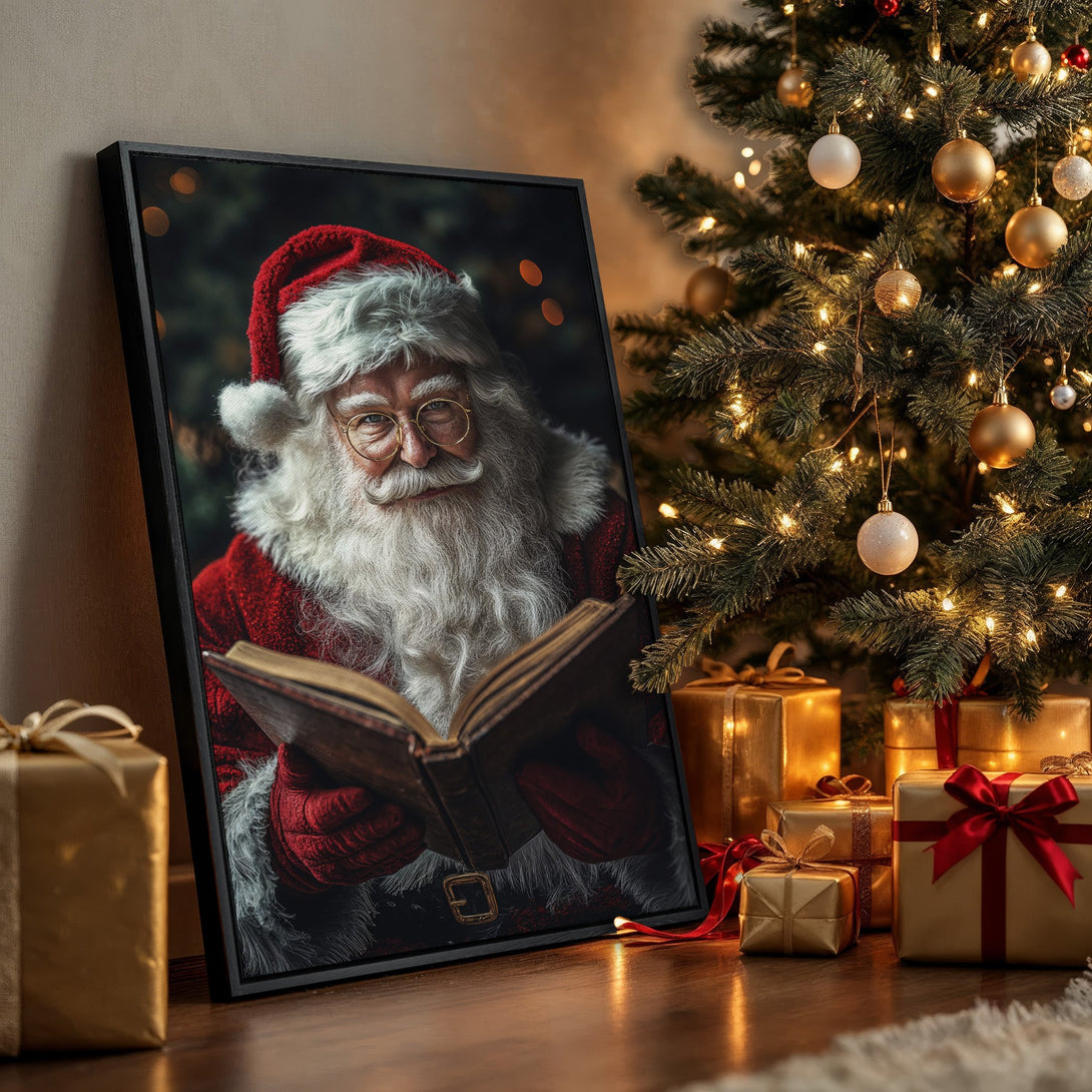 Framed Wall Art of Santa Claus reading, warm red & gold color palette, festive holiday decor. Perfect Christmas gift!