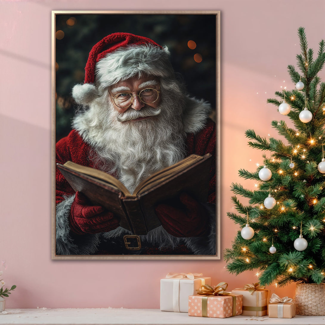 Framed Wall Art: Santa Claus reading. Festive Christmas decor with red, gold, and green tones. Perfect holiday gift!