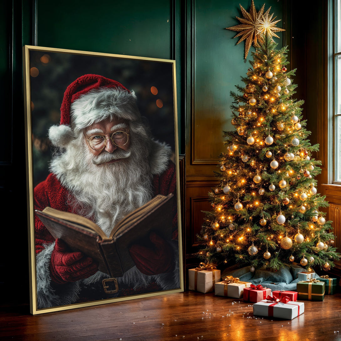 Canvas Print of Santa Claus reading a book, festive holiday decor. Rich red, white, and brown color palette. Perfect Christmas wall art.