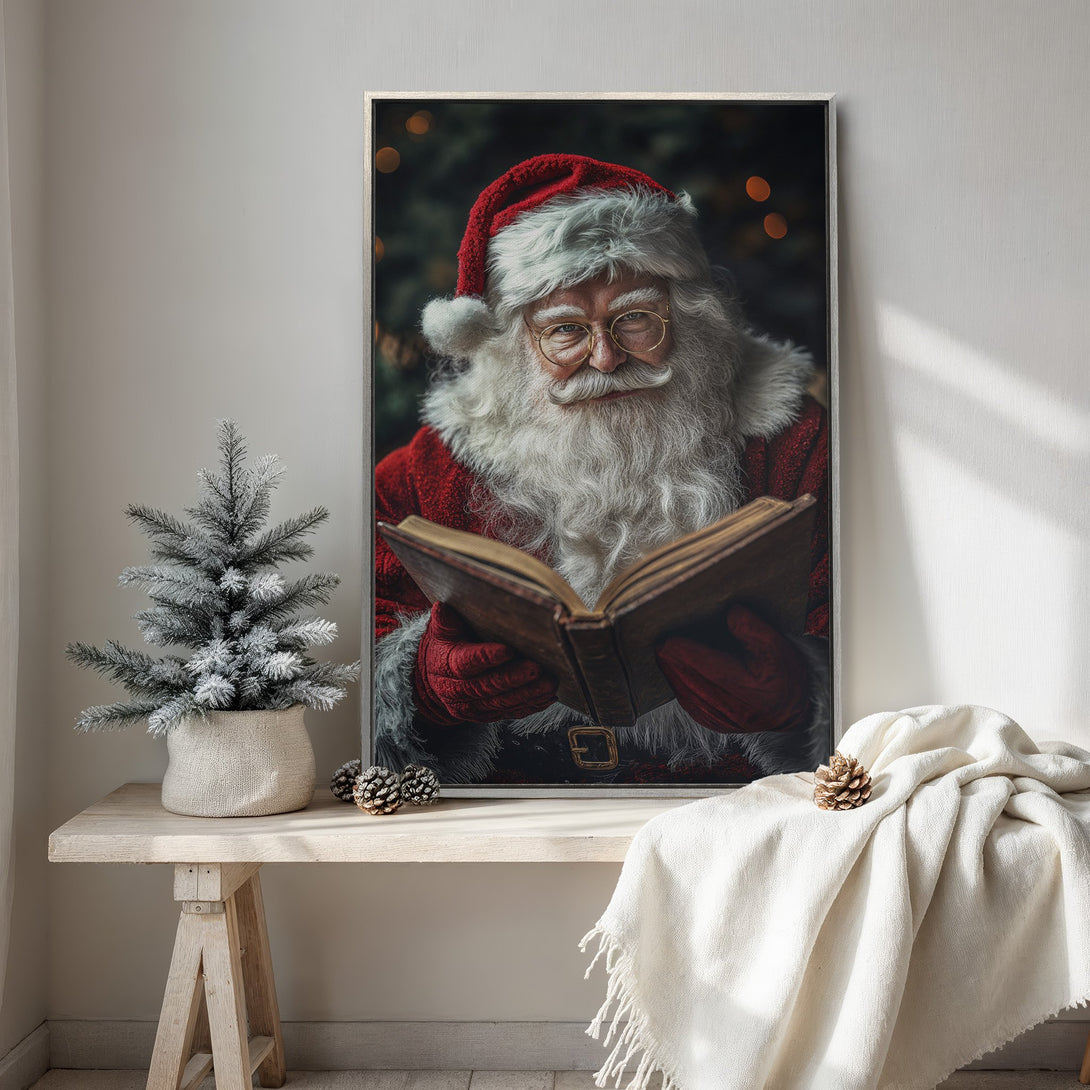 Framed Wall Art: Santa Claus reading a book. Cozy Christmas decor with red and white color palette. Perfect holiday gift.