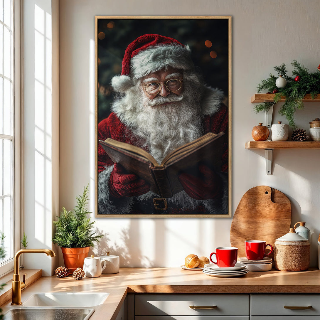 Framed Wall Art: Santa Claus reading a book in a cozy kitchen. Festive red & white palette with a touch of warmth. Perfect Christmas decor!