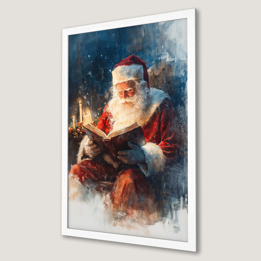 Framed Poster of Santa Claus reading a book. Artistic style with red, blue, and warm tones. Perfect Christmas decor!