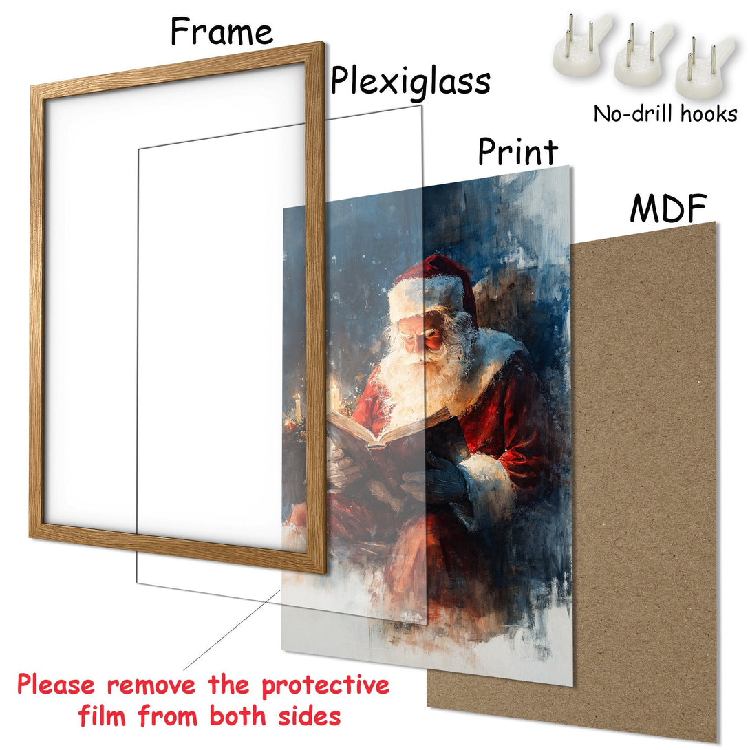 Framed Poster featuring Santa Claus reading a book, artistic style with a red, blue, and white color palette. Perfect Christmas decor!