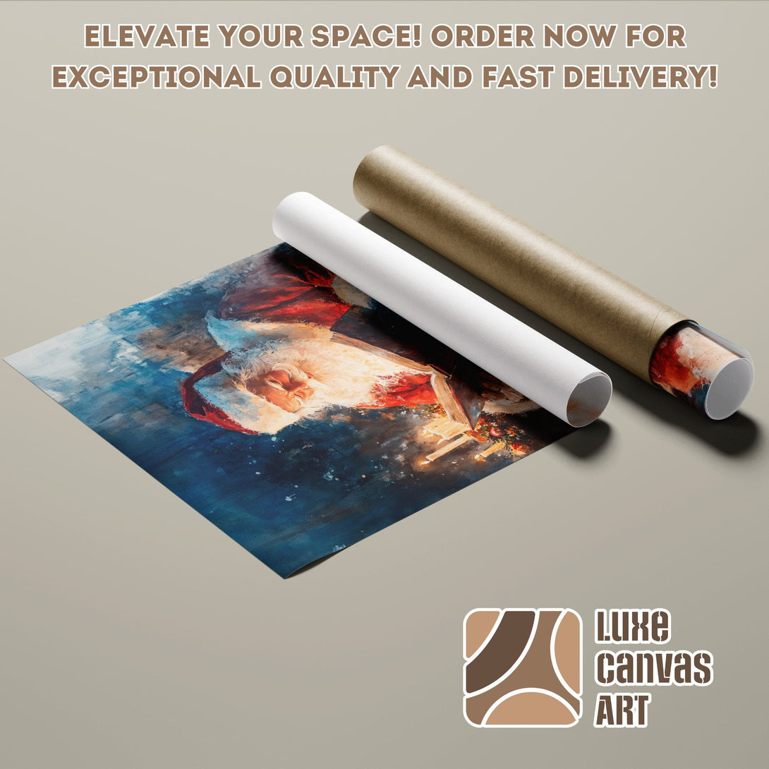Poster Roll featuring a Santa Claus painting in blue and red tones. Perfect art print for your home!