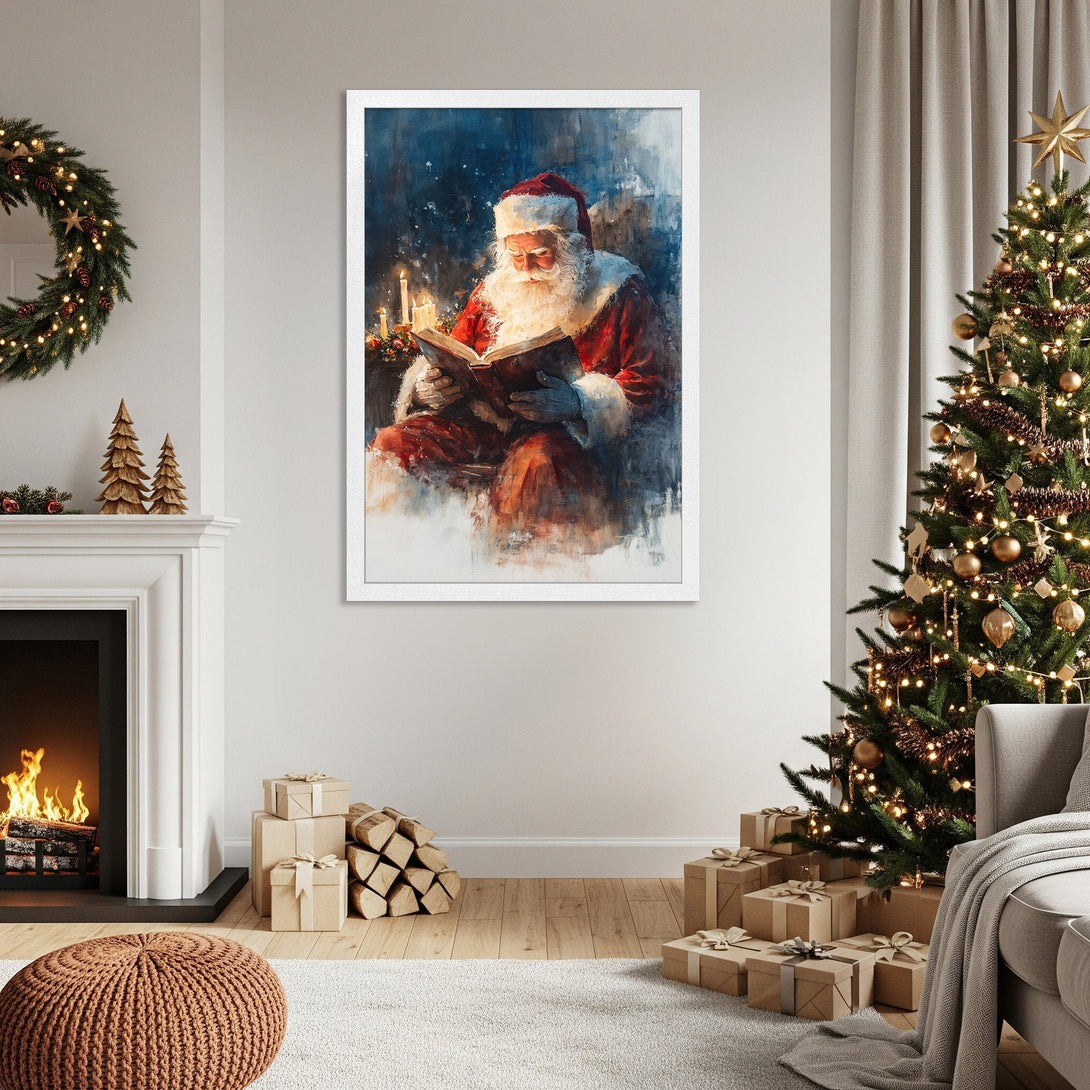 Framed Poster featuring Santa Claus reading, watercolor style, red & blue tones, perfect Christmas decor.