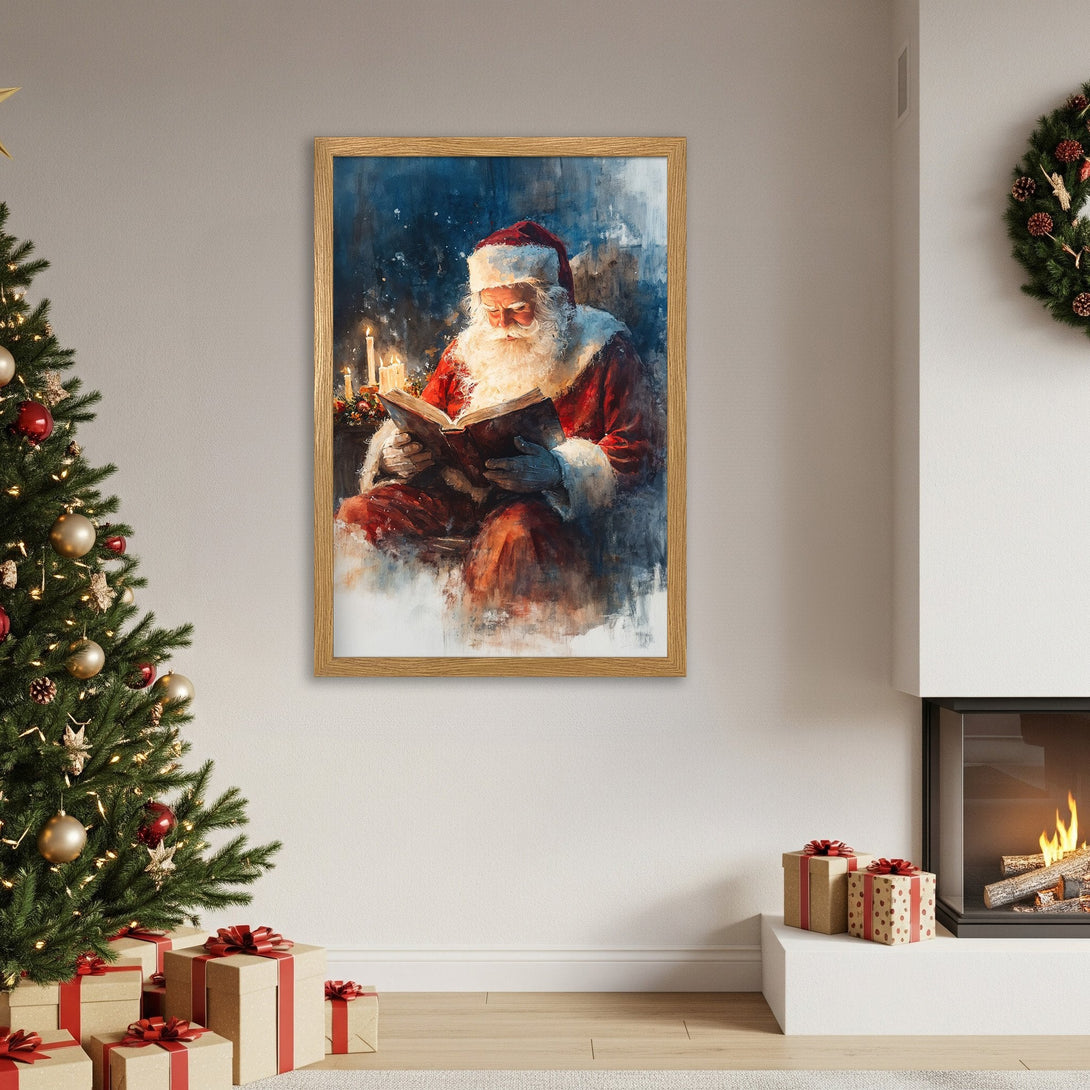Framed Poster of Santa Claus reading, watercolor style, rich red and blue tones, perfect for Christmas decor.