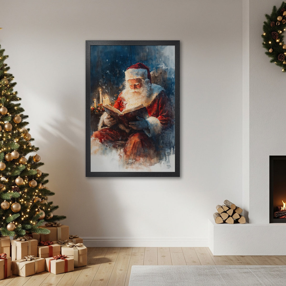 Framed Poster featuring Santa Claus reading, impressionistic style, warm red and blue tones, perfect Christmas decor.