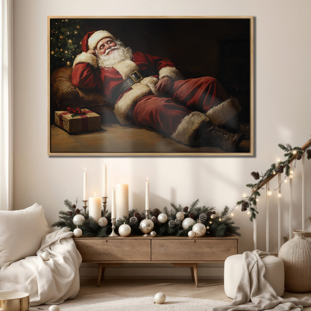 Framed Wall Art: Relaxing Santa Claus canvas print in warm red and brown tones. Perfect Christmas decor for a cozy, inviting interior. Shop now!
