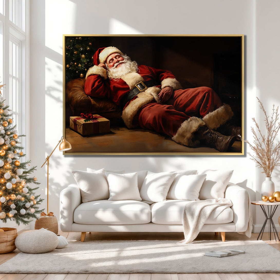 Canvas Print of Santa Claus resting, warm red and beige tones, perfect for Christmas decor. Classic style wall art.