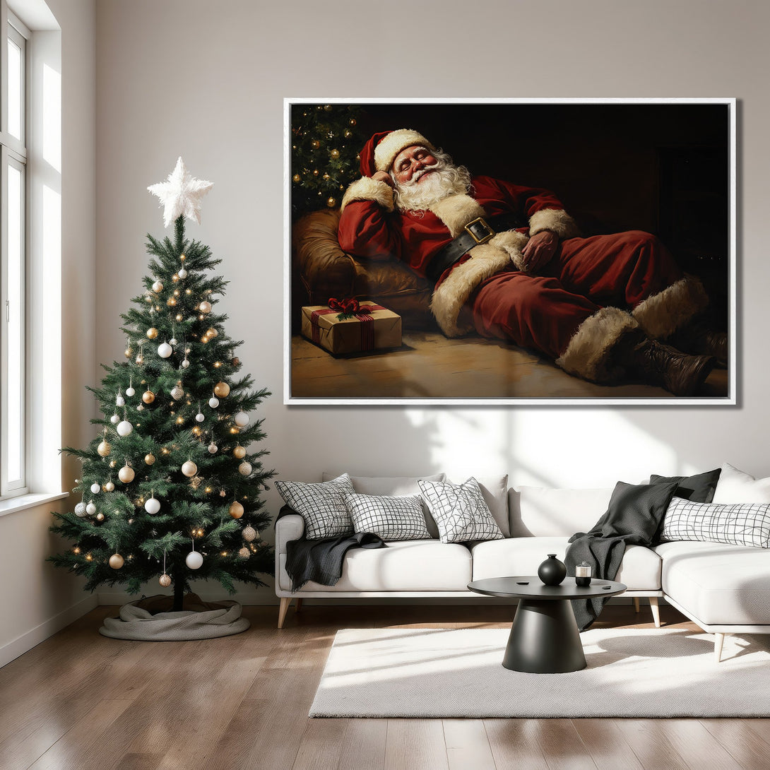 Framed Wall Art of Santa Claus resting, warm red & brown tones, displayed in modern living room. Perfect Christmas decor!