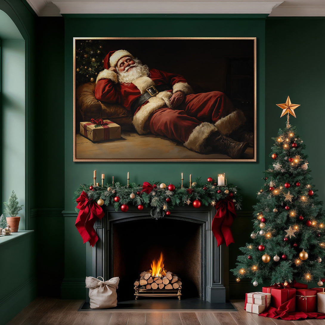 Framed Wall Art: Relaxing Santa Claus print in a cozy Christmas scene. Rich red and green color palette, perfect for holiday decor.