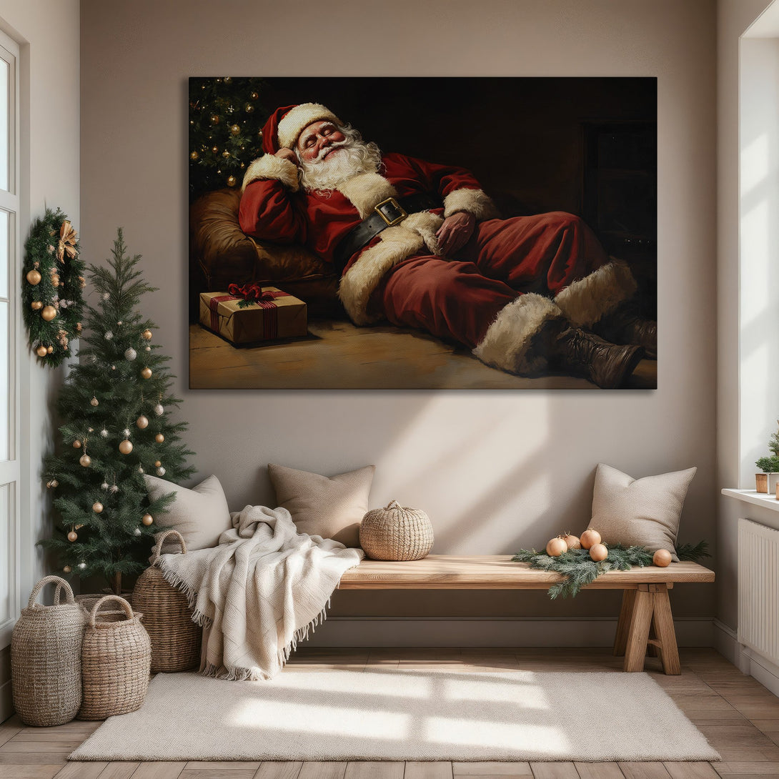 Framed Wall Art: Relaxing Santa Claus portrait in a warm, inviting interior. Rich reds, golds, and browns create a cozy Christmas atmosphere. Perfect holiday decor!
