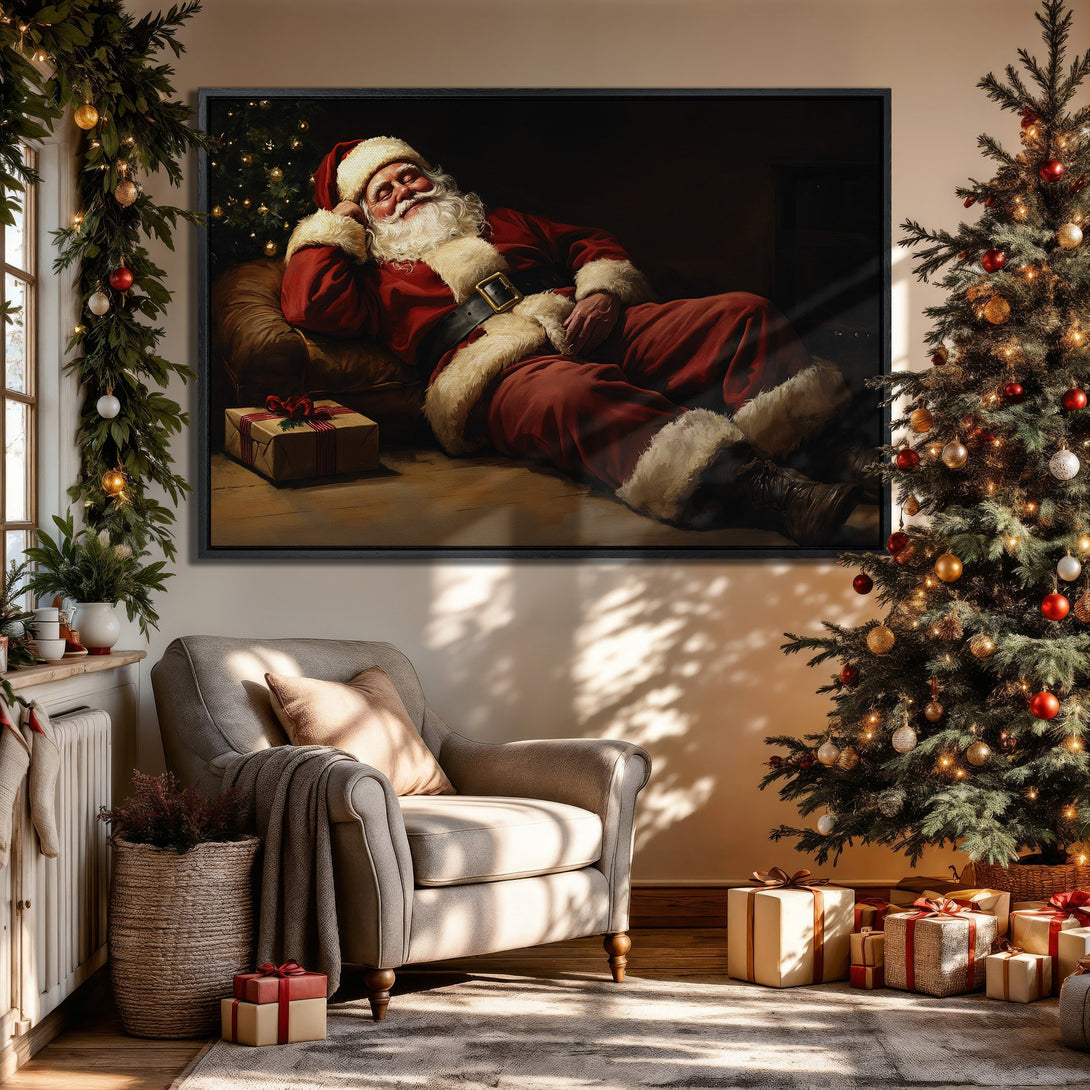 Framed Wall Art: Santa Claus relaxing in a cozy Christmas scene. Warm, inviting color palette with reds, greens, and golds. Perfect holiday decor!