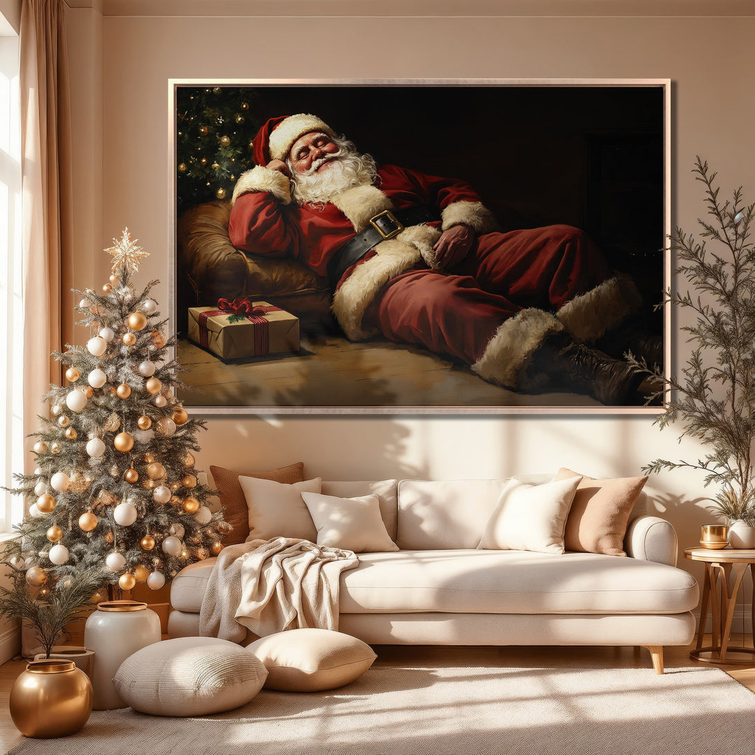 Framed Wall Art: Relaxed Santa Claus portrait in warm tones. Festive Christmas decor with cozy interior. Perfect holiday Canvas Print for your home!