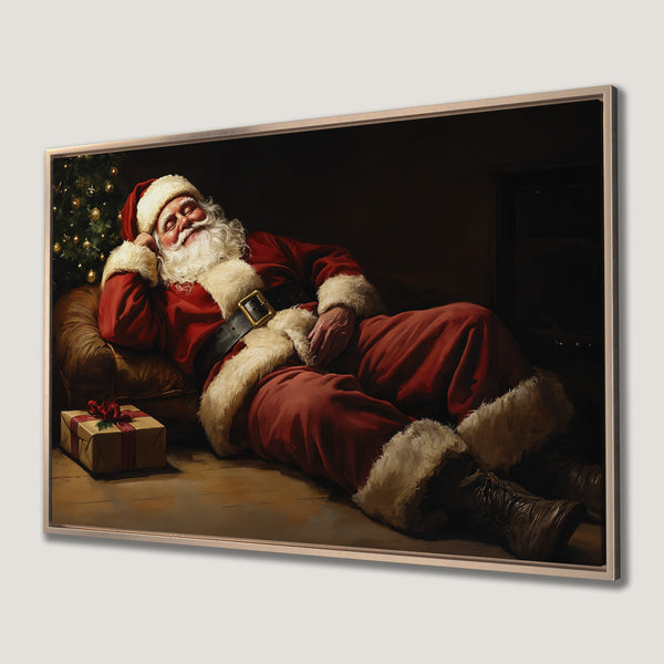 Framed Wall Art: Santa Claus resting, warm red and brown tones. Classic Christmas scene, perfect holiday decor. Bring the magic of Christmas home!