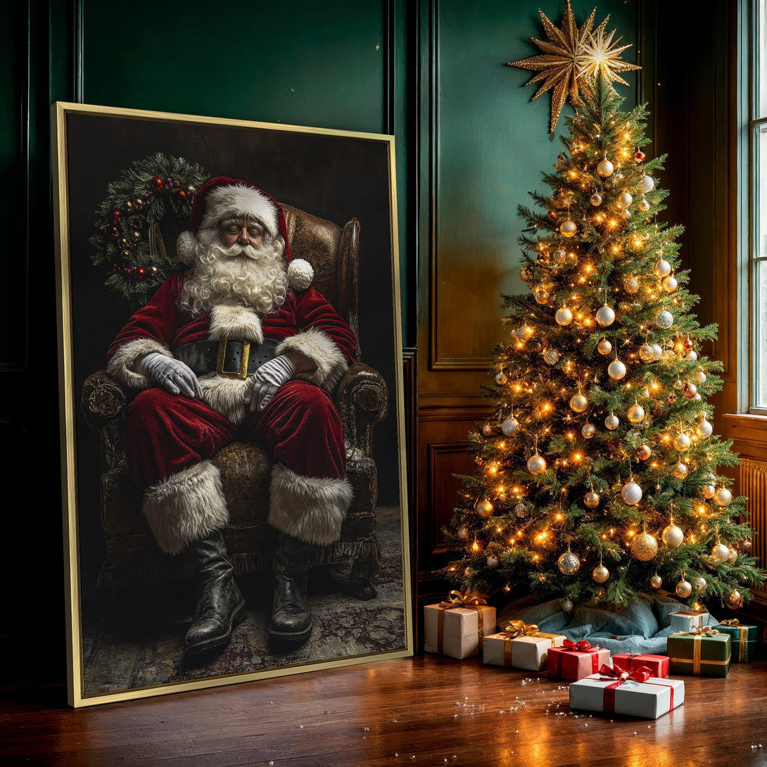 Canvas Print of Santa Claus in a traditional style, featuring a red and white color palette. Perfect Christmas wall art for your home!