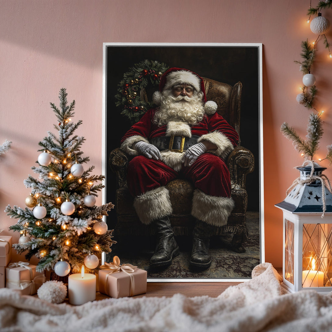 Framed Wall Art of Santa Claus in a cozy Christmas scene. Rich red, warm neutrals, and festive decor. Perfect holiday wall decor.