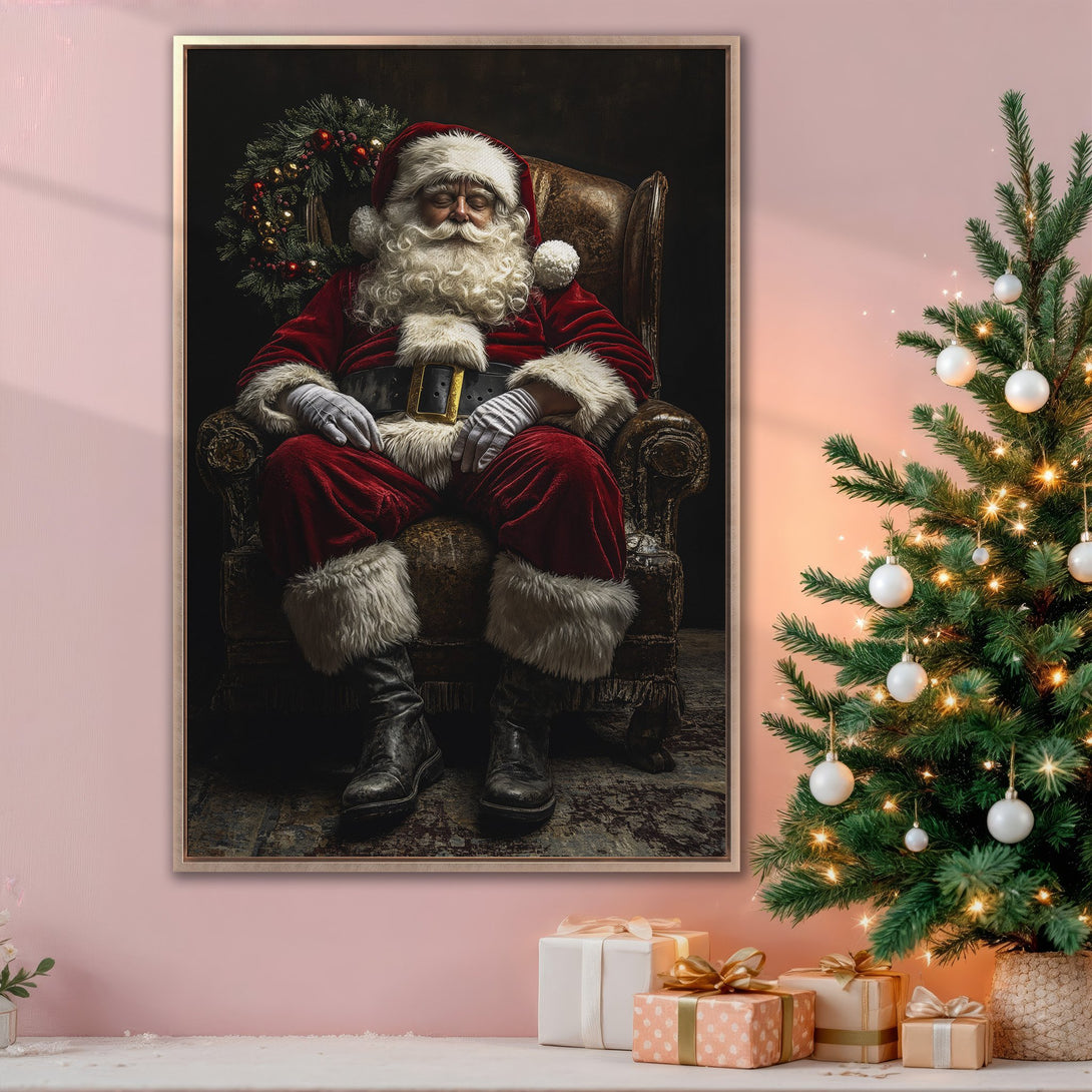 Framed Wall Art featuring Santa Claus in a classic style, rich red and dark tones. Perfect Christmas decor for a cozy, festive vibe.