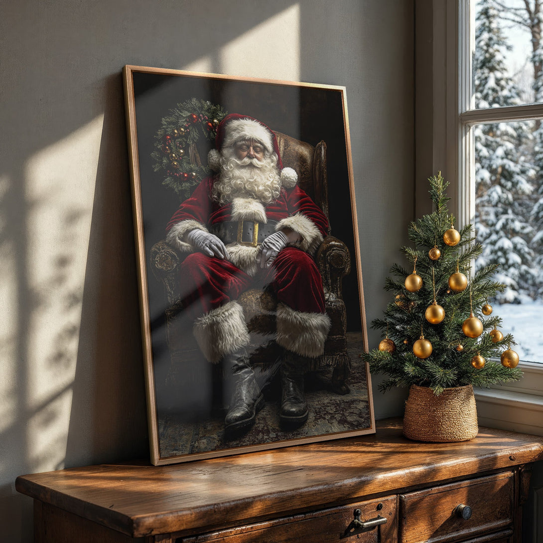 Framed Wall Art featuring Santa Claus in a classic style with a warm red and brown color palette, perfect for holiday decor.
