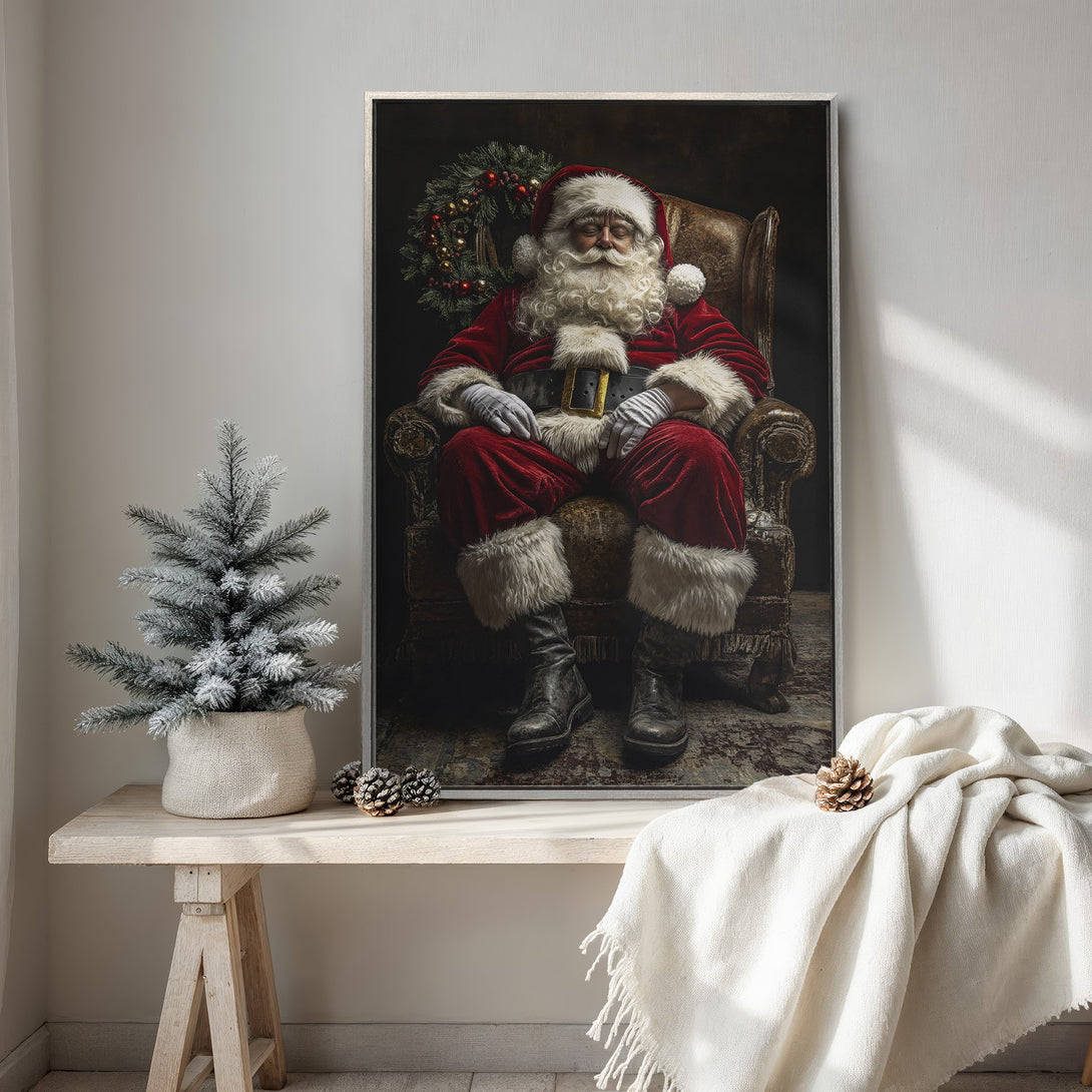 Framed Wall Art featuring Santa Claus in a classic style, rich red and brown color palette, perfect for Christmas decor and holiday gifting.
