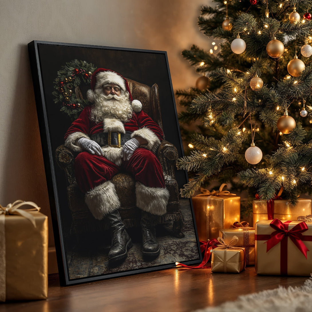 Framed Wall Art of Santa Claus in a classic style, rich red and gold color palette, perfect for holiday decor.