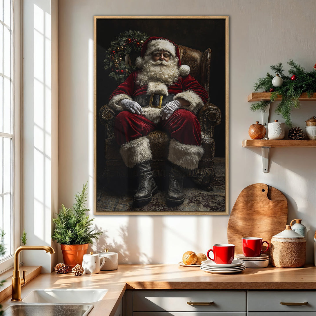 Framed Wall Art of Santa Claus in a classic style, rich red and gold tones. Perfect holiday decor for your home!