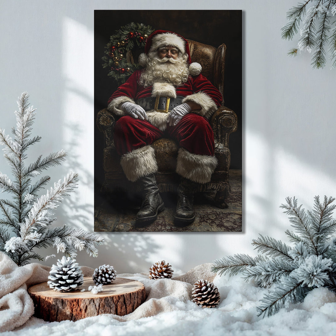 Framed Wall Art: Santa Claus portrait in a festive interior with a Christmas tree. Rich red, green, and gold color palette, perfect holiday decor.