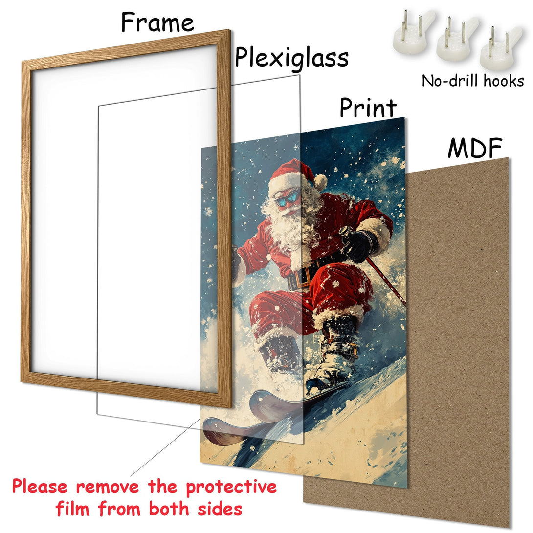 Framed Poster featuring Santa skiing in a winter scene. Artistic style with a red, blue & beige color palette. Perfect Christmas decor!